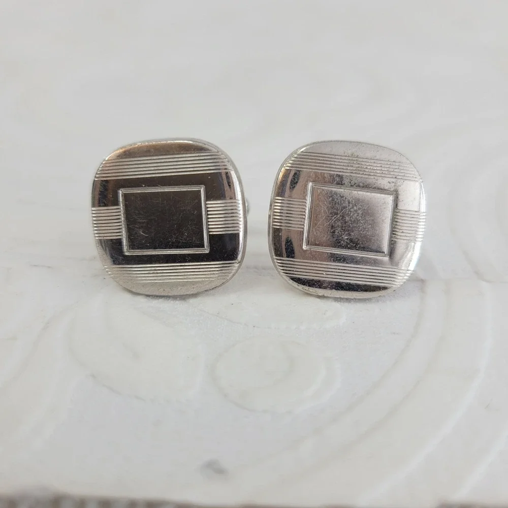 Vintage Anson Silver Tone Engine Turned‎ Square Cufflinks Mid Century Modern